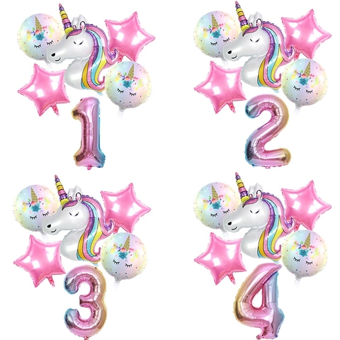 Unicorn Theme Rainbow Gradient Number Balloon Set Aluminum Foil Birthday Party Decoration Balloons For Kids Celebration