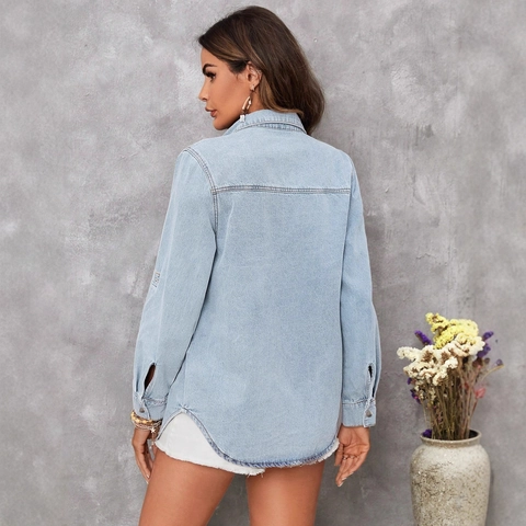 Women's Light Blue Denim Shirt Long Sleeve Lapel Single Breasted Washed Cotton Blend Casual Jean Jacket Top Blouse