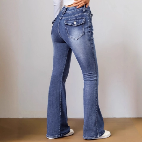 Damen High Waist Flare Jeans Retro Gewaschene Blaue Denim Hose Mit Großen Taschen Slim Fit Mercerisierte Baumwolle Lange Hose