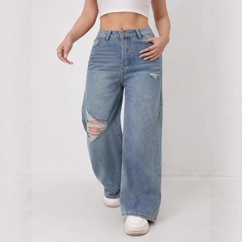 Jeans a Gamba Larga Strappati da Donna Vintage a Vita Alta in Denim Distressed Pantaloni Celeste Morbidi Lavati Streetwear