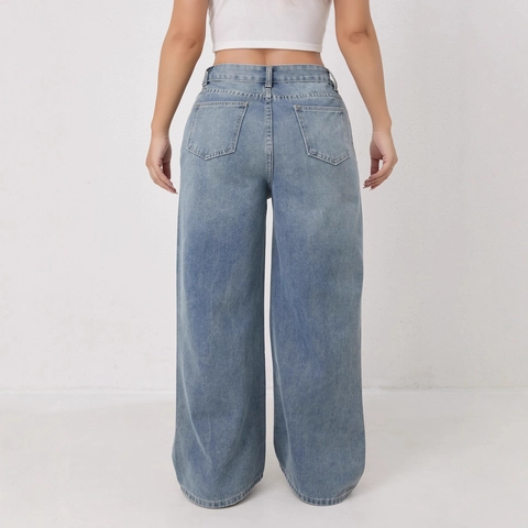 Jeans a Gamba Larga Strappati da Donna Vintage a Vita Alta in Denim Distressed Pantaloni Celeste Morbidi Lavati Streetwear