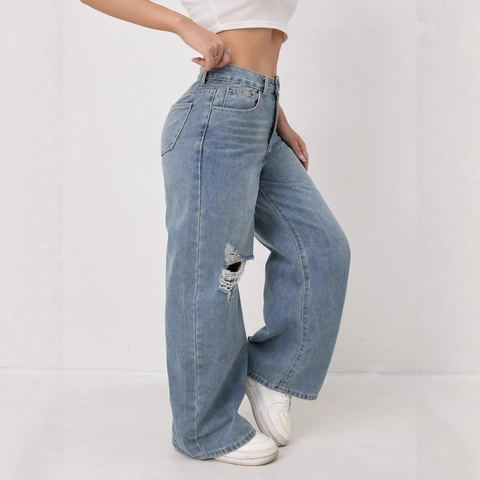 Women's Ripped Wide Leg Jeans Vintage High Waist Distressed Denim Pants Light Blue Loose Washed Streetwear Casual Trousers