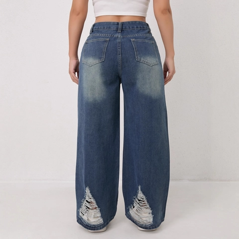 Hoch Taillierte Wide Leg Zerrissene Jeans Damen Loose Fit Distressed Retro Blau Denim Hose Baumwollmischung Streetwear Mode