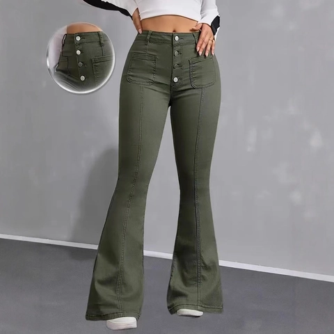 Jeans a Zampa da Donna a Vita Alta Retrò Con Patta a Più Bottoni Pantaloni in Denim Elasticizzato Con Tasche Anteriori