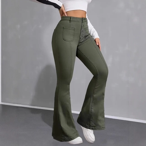Jeans a Zampa da Donna a Vita Alta Retrò Con Patta a Più Bottoni Pantaloni in Denim Elasticizzato Con Tasche Anteriori