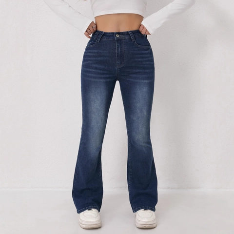 Jeans a Zampa da Donna Blu Retrò Vita Alta Slim Fit Lavati in Denim Elasticizzato Pantaloni a Zampa per Uso Quotidiano