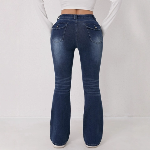 Jeans a Zampa da Donna Blu Retrò Vita Alta Slim Fit Lavati in Denim Elasticizzato Pantaloni a Zampa per Uso Quotidiano