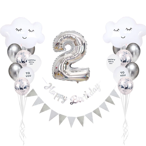 Lächeln Wolke Geburtstag Ballon Dekoration Mit Silberne Nummer Aluminiumfolie Ballons Latex Ballons Und Happy Birthday Banner Für Kinder Party