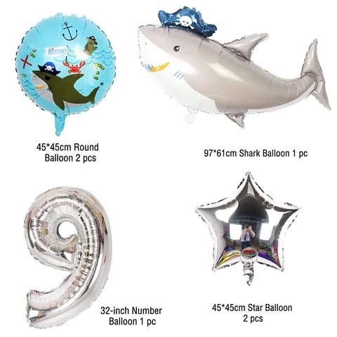 Set di Palloncini in Pellicola di Alluminio con Numero Argento da 32 Pollici Decorazione per Festa di Compleanno a Tema Squalo Pirata