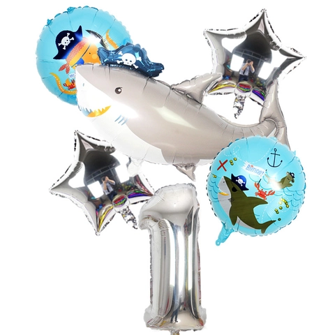 Set di Palloncini in Pellicola di Alluminio con Numero Argento da 32 Pollici Decorazione per Festa di Compleanno a Tema Squalo Pirata
