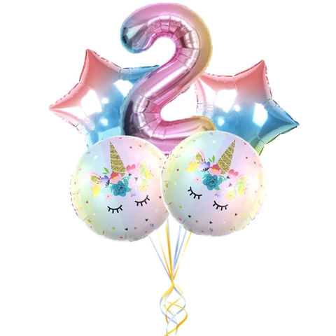 Set di Palloncini in Alluminio Unicorno Sfumato Arcobaleno per Decorazioni di Compleanno Palloncini a Forma di Stella e Numero