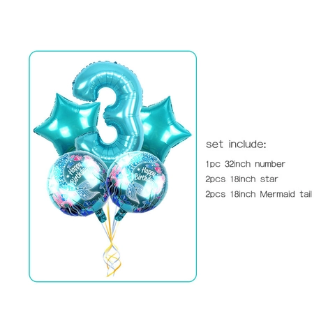 Mermaid Theme Aluminum Foil Balloon Set Blue Giant Number Balloon Stars Round Balloons For Kids Birthday Party Decorations