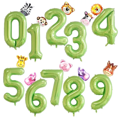 Grande Palloncino Numero Verde e Palloncini in Alluminio Testa di Animale Tema Safari Giungla Decorazioni per Feste di Compleanno per Bambini