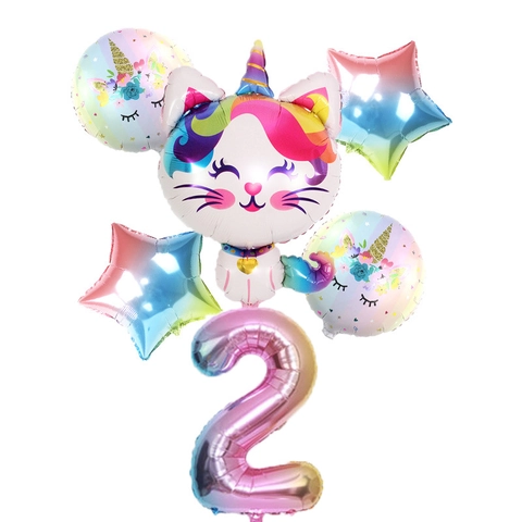 Rainbow Gradient Unicorn Cat Balloon Arrangement For Kids Birthday Celebration Party Decorations Foil Balloons Supplies