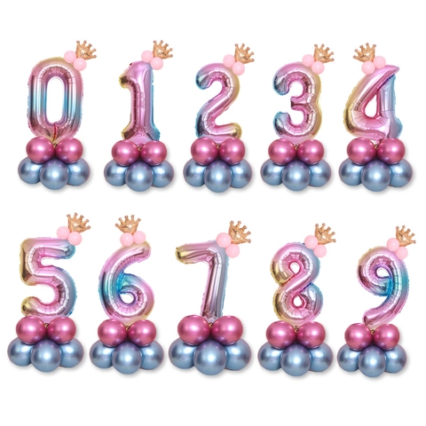 Palloncino Numero Sfumato Con Base a Colonna a Corona d'Oro Per Bambini Festa di Compleanno Baby Shower Decorazione Palloncino