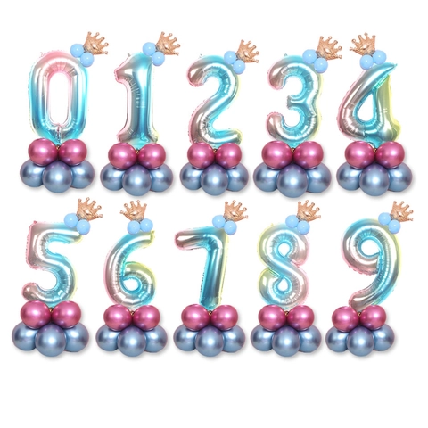 Palloncino Numero Sfumato Con Base a Colonna a Corona d'Oro Per Bambini Festa di Compleanno Baby Shower Decorazione Palloncino