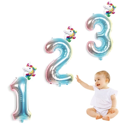 Unicorn Gradient Rainbow Number Foil Balloon Set Dreamy Metallic Number Balloon For Birthday Party Kids Decorations