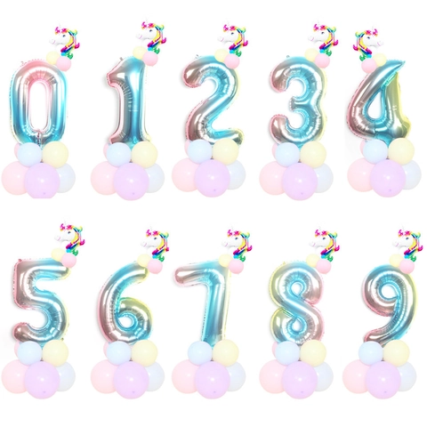 Unicorn Theme Rainbow Gradient Number Balloon Column Macaron Latex Base For Birthday Party Decoration Large Foil Balloons