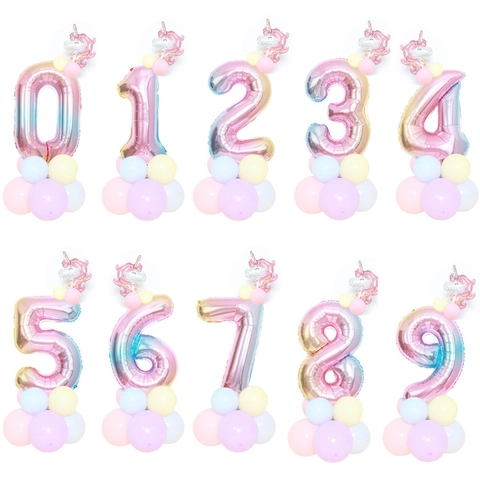 Unicorn Theme Rainbow Gradient Number Balloon Column Macaron Latex Base For Birthday Party Decoration Large Foil Balloons