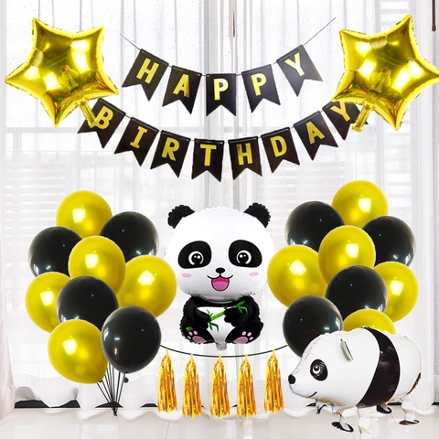 Panda Theme Birthday Decoration Aluminum Film Balloons Happy Birthday Banner Latex Polka Dot Balloons Party Supplies