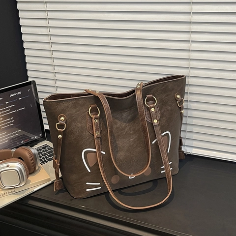 Süße Cartoon Katze Gesicht PU Leder Tote Bag Für Frauen Große Kapazität Lässig Umhängetasche Ins Stil Pendler Shopping Handtasche