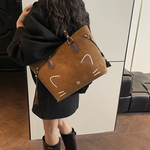 Süße Cartoon Katze Gesicht PU Leder Tote Bag Für Frauen Große Kapazität Lässig Umhängetasche Ins Stil Pendler Shopping Handtasche