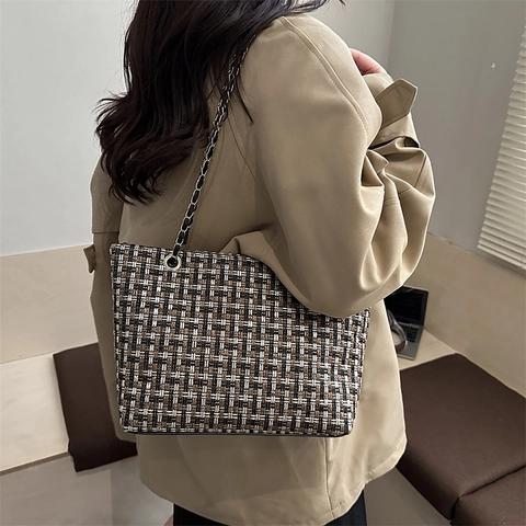 Vintage Tweed Gewebte Umhängetasche Für Damen Luxus Karo Muster Kette Schultertasche Große Kapazität Mode Tote Handtasche