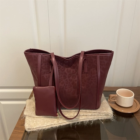 Fashion Leopard Print Tote Bag For Women Large Capacity Synthetic Leather Shoulder Bag Retro Commute Handbag Set With Pouch