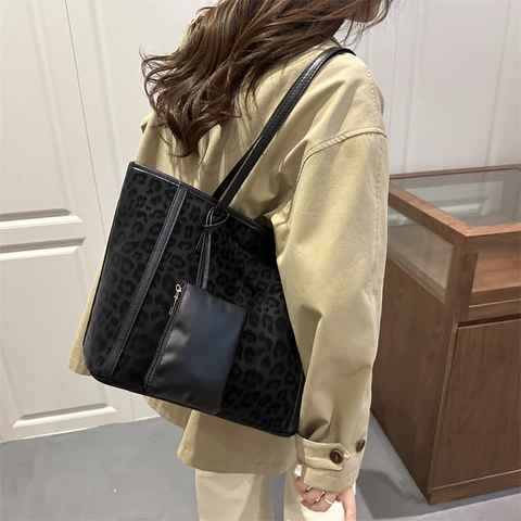Fashion Leopard Print Tote Bag For Women Large Capacity Synthetic Leather Shoulder Bag Retro Commute Handbag Set With Pouch