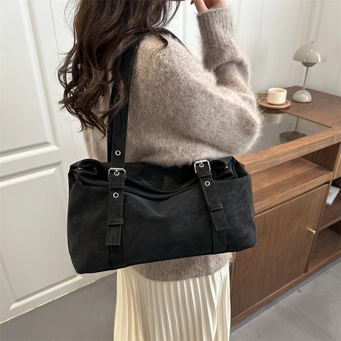 Borsa a Tracolla Vintage di Grande Capacità Donna Pelle Sintetica Opaca Tote Retro Fibbia Pendolare Borsa a Mano