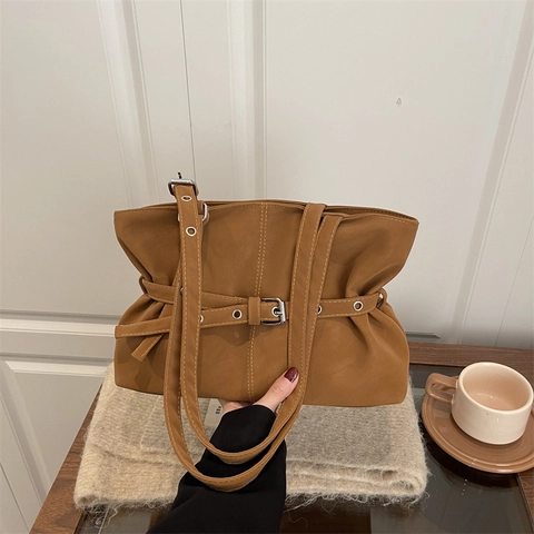 Vintage PU-lederen Grote Tote Bag Voor Dames Minimalistische Schoudertas Met Gesp Woon-werkverkeer Underarm Bag Effen Kleur