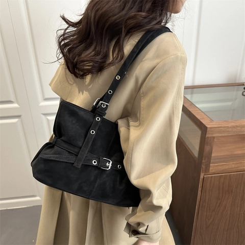 Vintage PU-lederen Grote Tote Bag Voor Dames Minimalistische Schoudertas Met Gesp Woon-werkverkeer Underarm Bag Effen Kleur