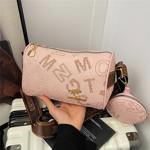 Sac Boston Tendance en Cuir PU pour Femmes Imprimé Lettres Petit Porte-monnaie Amovible Large Bandoulière Sac à Main Quotidien