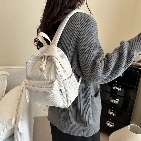Mini Sac à Dos en Velours Côtelé Vintage pour Femmes Petit Sac de Voyage Léger Casual Couture Mode Sac à Dos Cadeau Filles