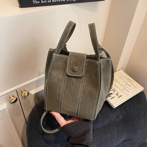 Vintage Women PU Leather Bucket Bag Contrast Stitching Crossbody Bag Casual Solid Color Shoulder Bag Small Handbag Daily