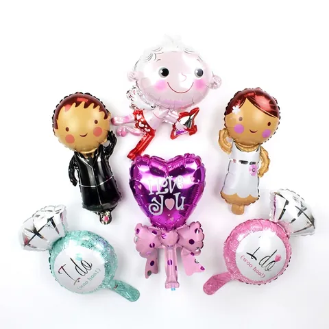 Mini Wedding Theme Aluminum Foil Balloons Bride Groom Cupid Heart Bear Shape Helium Balloons For Engagement Party Decoration