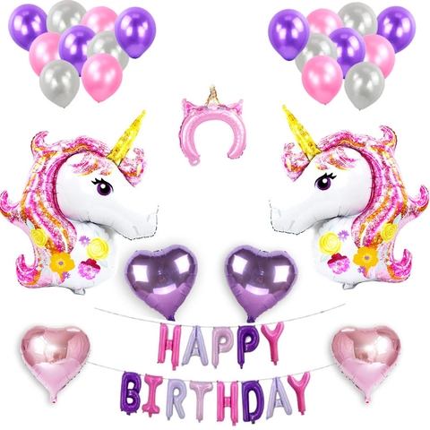 Unicorn Birthday Balloon Combo Aluminum Foil Latex Balloon Happy Birthday Banner Unicorn Headband Party Decorations Kids