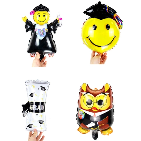 Mini Globos de Papel de Aluminio Temáticos de Graduación Cara Sonriente Búho Diploma Gorro de Doctor Globo para Decoración Fiesta