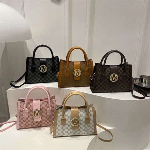 Women's Fashion Monogram PU Leather Crossbody Bag Large Capacity Shoulder Handbag With Round Metal Buckle Designer Satchel Tote
