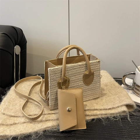 Borsa a Tracolla Quadrata Piccola in Paglia Intrecciata Retrò per Donna Finiture in Pelle Sintetica Con Mini Tasca