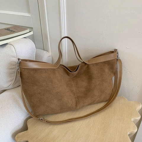 Large Capacity Vintage Faux Suede PU Leather Tote Bag For Women Retro Casual Commuter Shoulder Crossbody Handbag