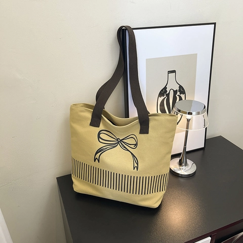 Bolso de Mano de Lona de Estilo Coreano para Mujer Gran Capacidad Estampado de Lazo y Rayas Bolso de Compras Casual Trabajo
