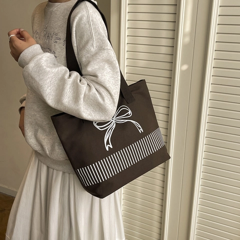 Bolso de Mano de Lona de Estilo Coreano para Mujer Gran Capacidad Estampado de Lazo y Rayas Bolso de Compras Casual Trabajo