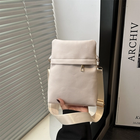 Women Fashion Litchi Pattern PU Leather Vertical Crossbody Bag Trendy Wide Strap Mobile Phone Bag Shoulder Bag Gold Hardware