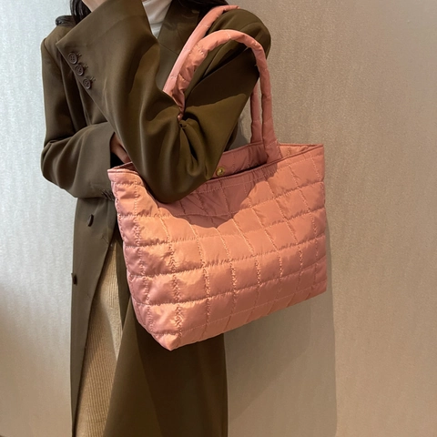 Women Quilted Puffer Tote Bag Large Capacity Oxford Cloth Shoulder Bag Stitching Korean Style Soft Underarm Bag Casual Daily Handbag
