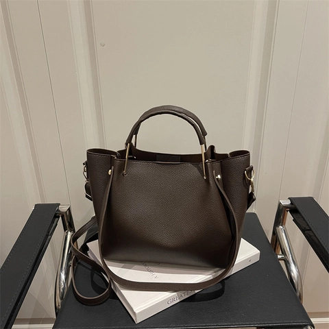 Bolso de Cubo de Cuero PU Minimalista Vintage para Mujer Patrón de Lichi Bolso Tote Color Sólido Bolso de Hombro Cruzado