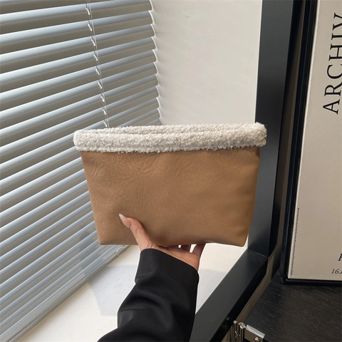 Pochette Pour Femme En Daim Avec Garniture En Peluche Sherpa Chaude Hiver Sac Main Enveloppe Vintage