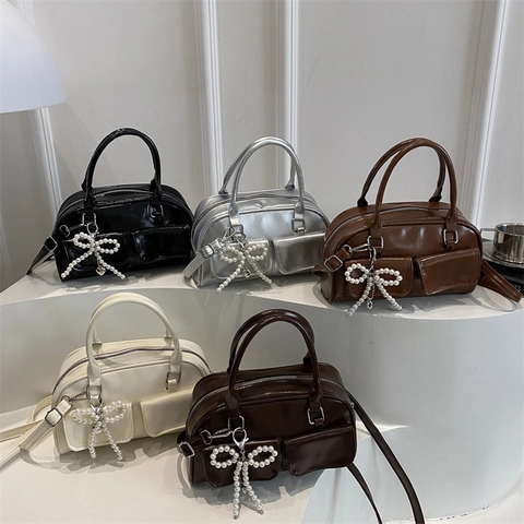 Vintage Women Shiny PU Leather Handbag With Artificial Pearl Beaded Bow Charm Double Pocket Retro Boston Shoulder Bag