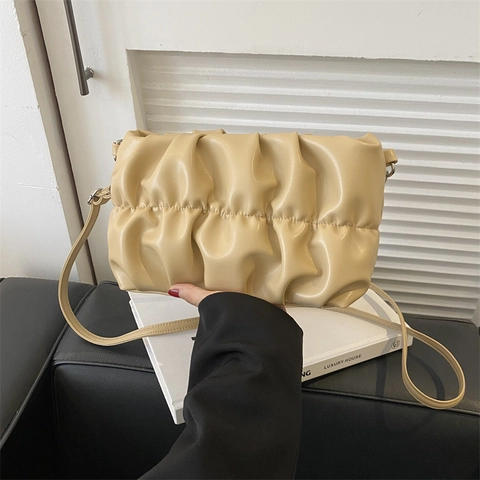 Women Ruched Pouch Bag Soft PU Leather Pleated Cloud Crossbody Bag Street Fashion Solid Color Shoulder Bag Trendy Small Square Bag