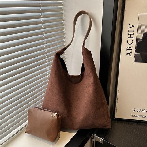 Korean Style Vintage Faux Suede PU Shoulder Tote Bag Large Capacity Composite Hobo Bag With Pouch For Women Daily Commute